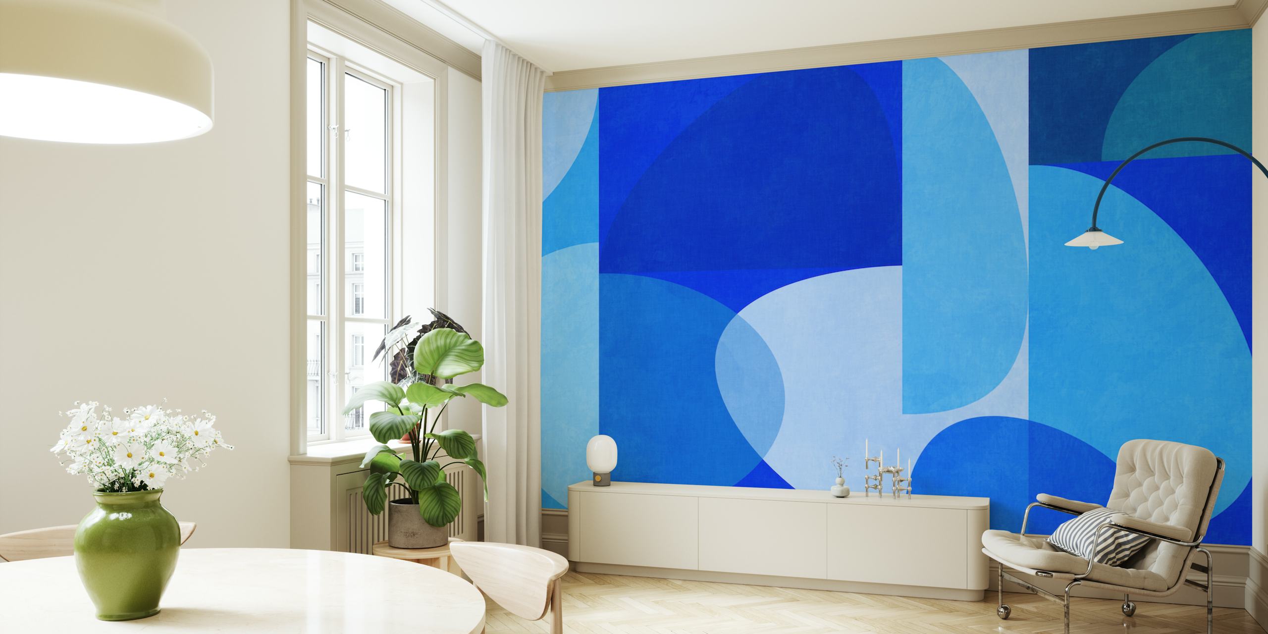 Mural de parede abstrato de estilo moderno de meados do século em tons de azul com formas geométricas